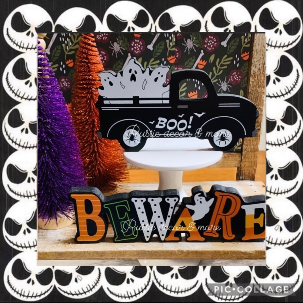 Halloween Black Truck & Scary Tier Tray Signs Set